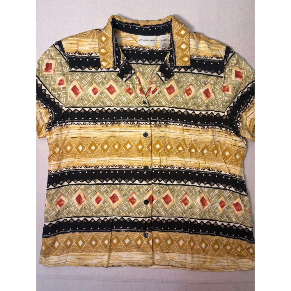 Alfred Dunner Womens 14 Rayon Button Up Shirt Mustard Yellow Tribal Geometric